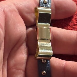 Gold Tone Bow Accent Leather Bracelet 7.5”